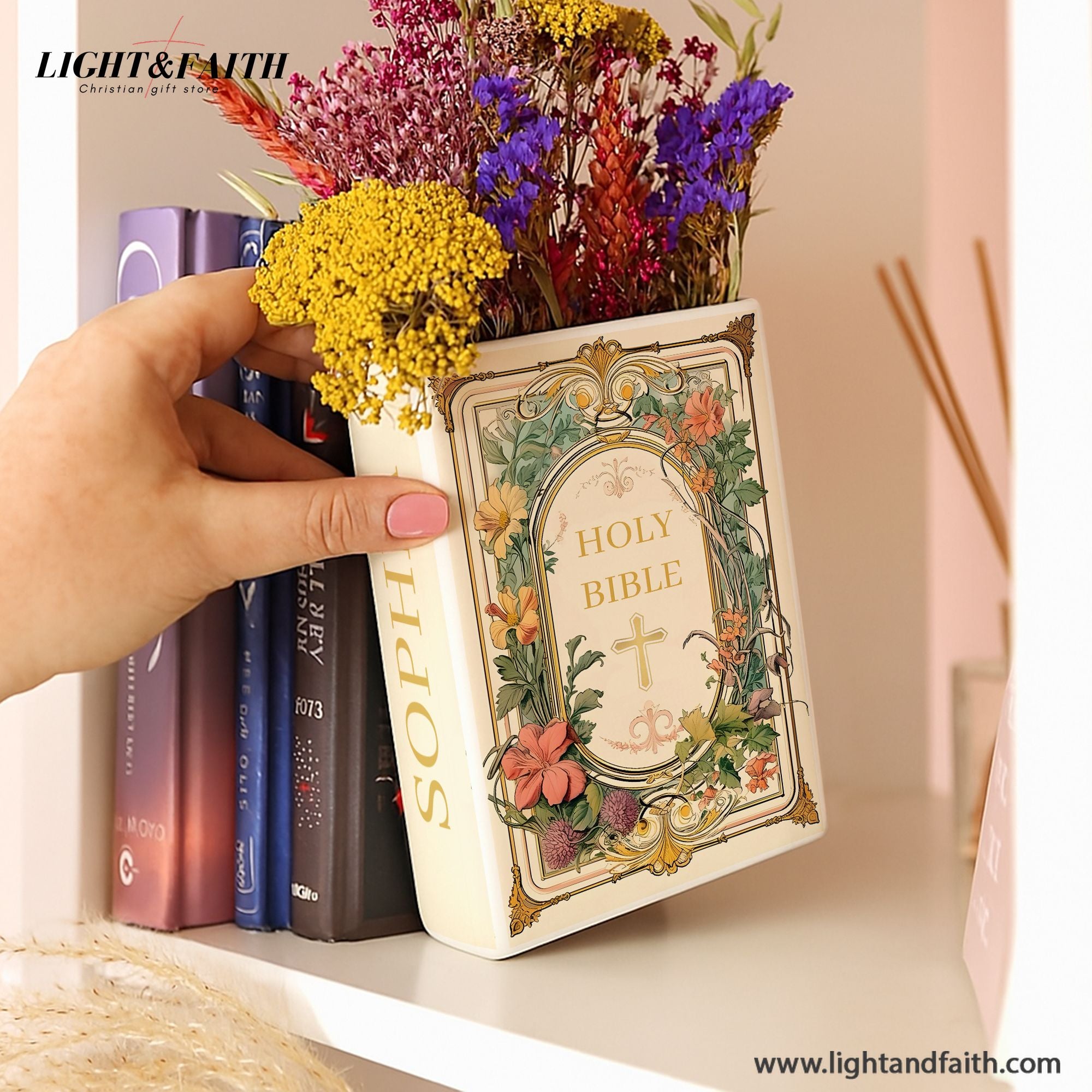 Personalized Holy Bible Book Vase, Personalized Faith Gift with Scripture, Cross & Flowers for Religious Decor CBLAF12
